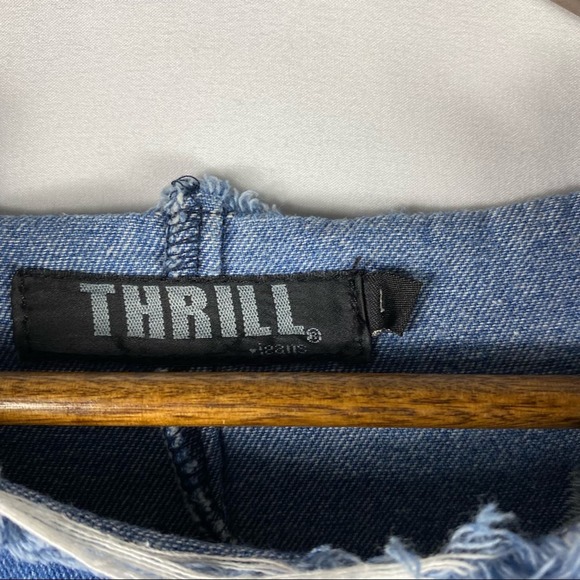 THRILL Denim Embroidered Distressed Mini Dress - L - Picture 2 of 7